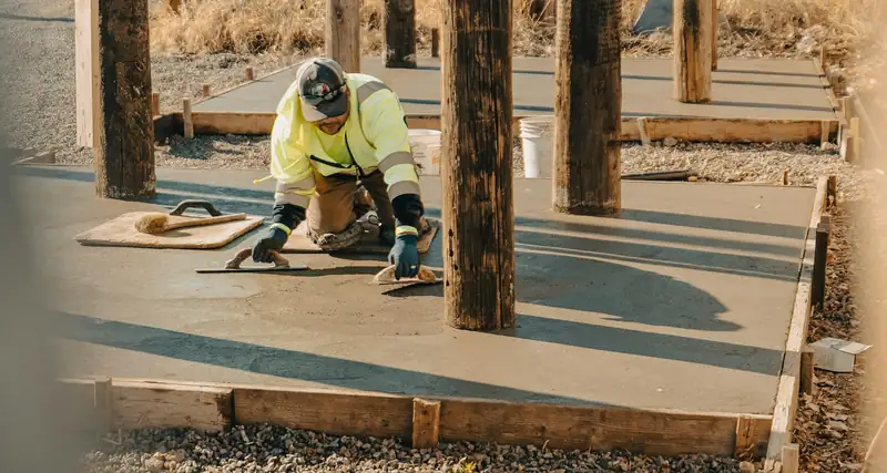 Finisher kneeling on knee boards to hand-float a fresh concrete slab inside wood forms