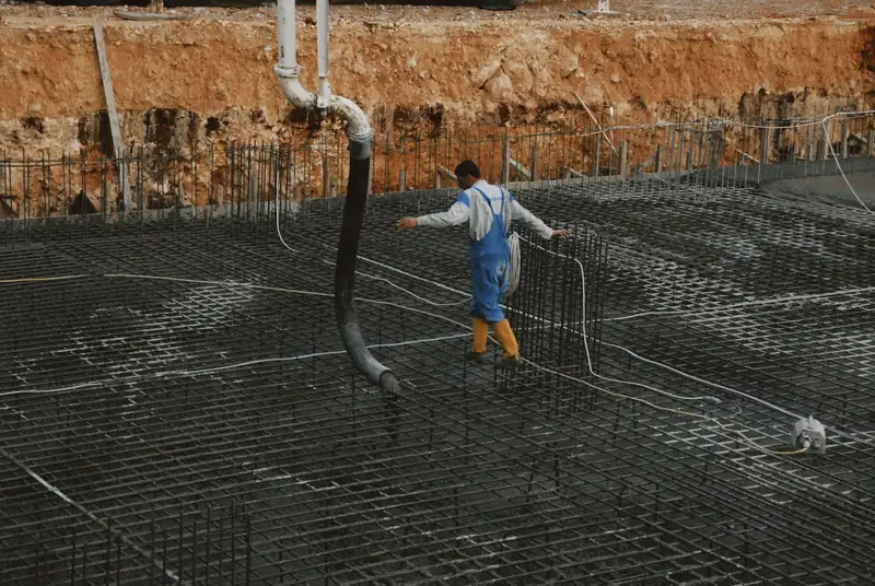 Worker walking a tied rebar grid while a pump hose places concrete for a slab
